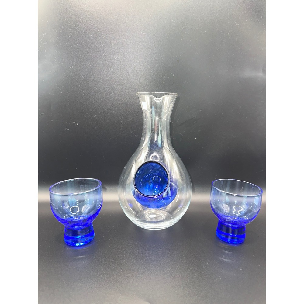 Handmade Japanese Glass Sake Set Decanter with Ice Pocket and 2 Blue Cups